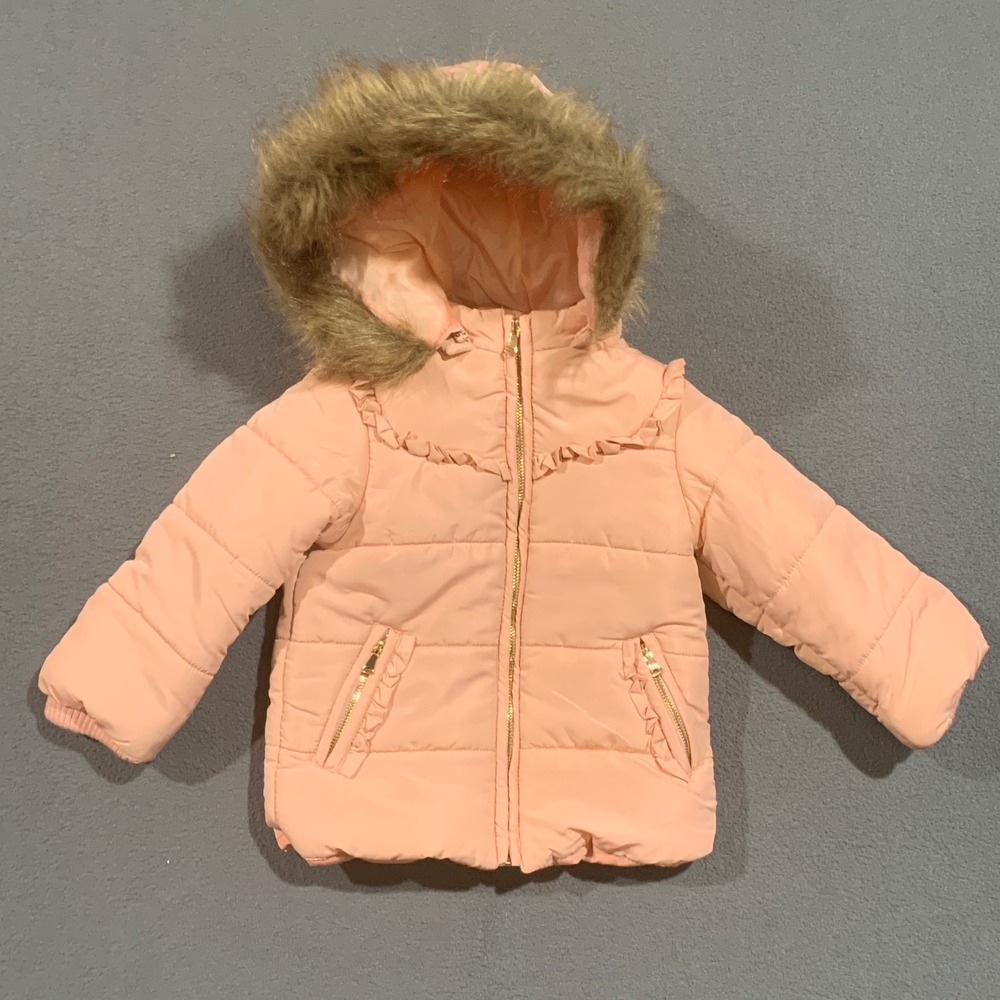 Starting Out Baby Girls Pink Faux Fur Hood Puffer Jacket 24 Months